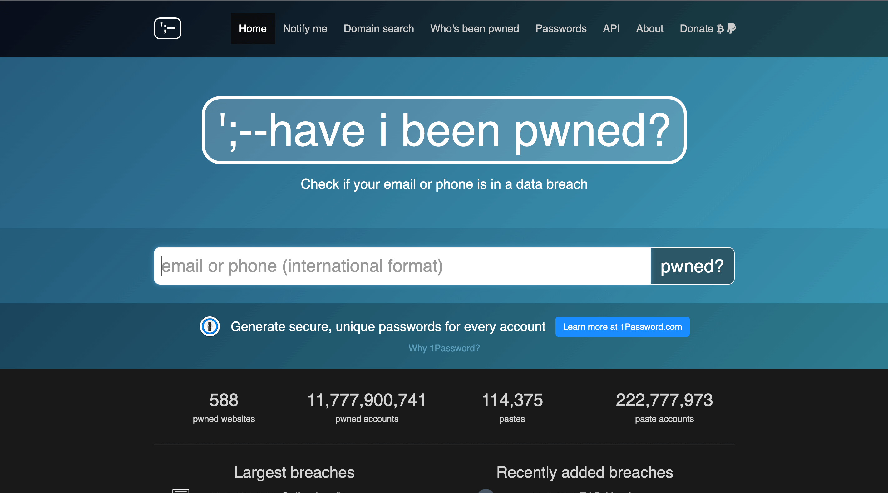 Have I Been Pwned? (HIBP)のトップページ