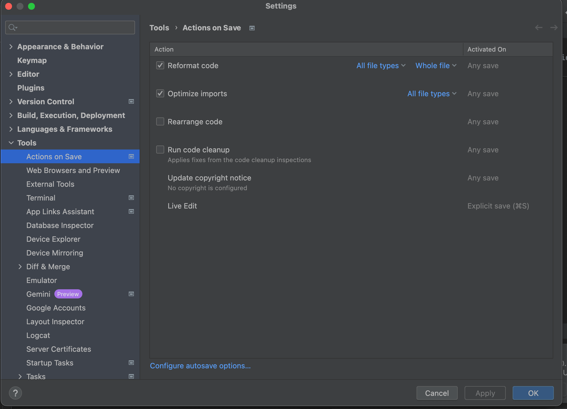 【Android Studio】自動整形(Auto Format)とimport整理を保存時に実行させる方法