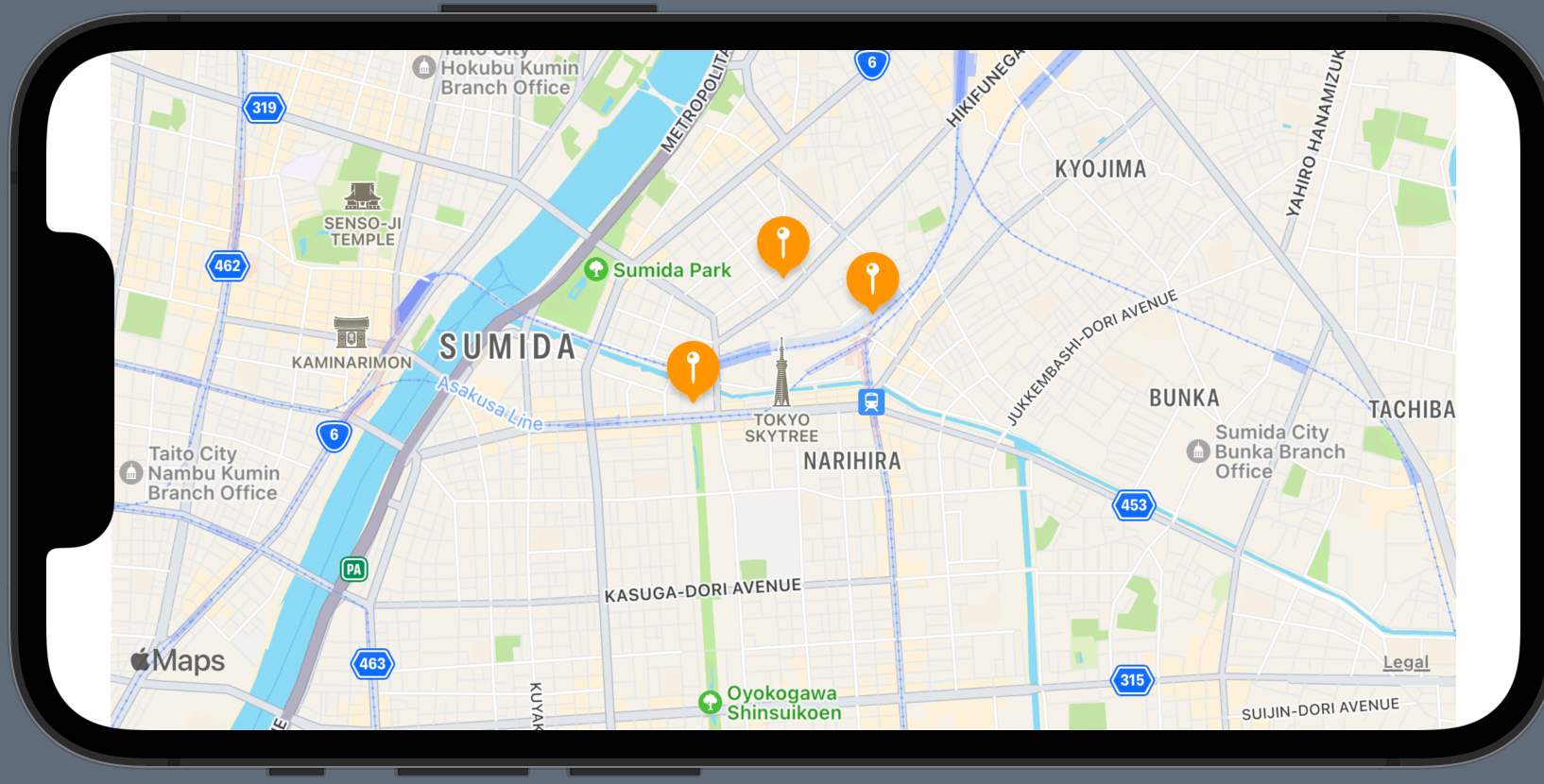 SwiftUIのMapKitで表示した東京スカイツリー周辺のアノテーション